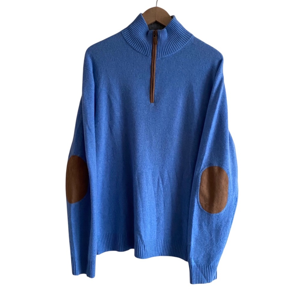 Alan Flusser 100% Cashmere 1/4 Zip Sweater Men Large Blue Elbow Patch Preppy
